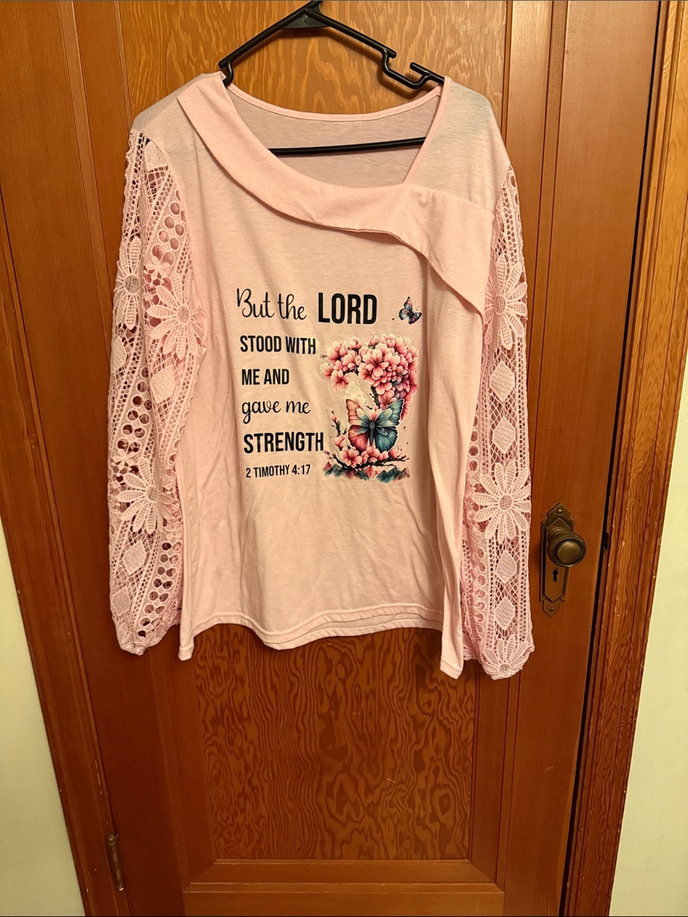Women’s Pink Lace-Sleeve Scripture Long Sleeve Tee
